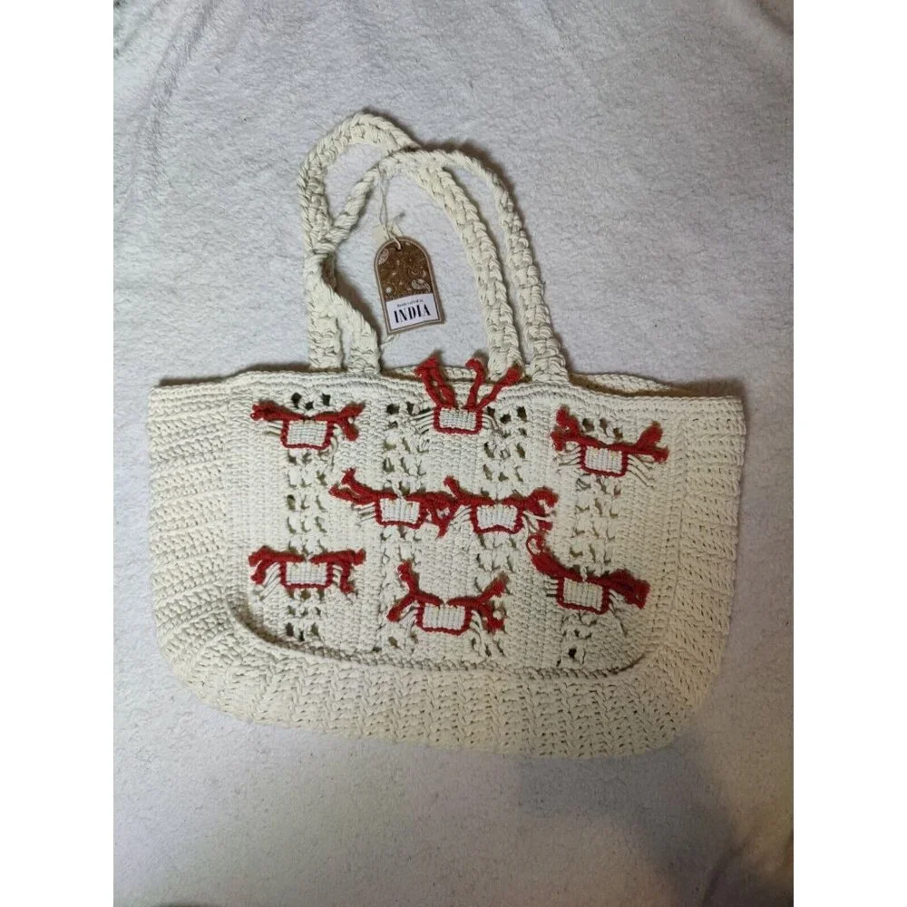 Crochet Cream & Red Large Handmade Vacation Beach Tote Bag W Cute Crabs